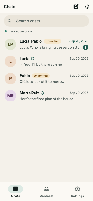 Chats on a phone, light theme