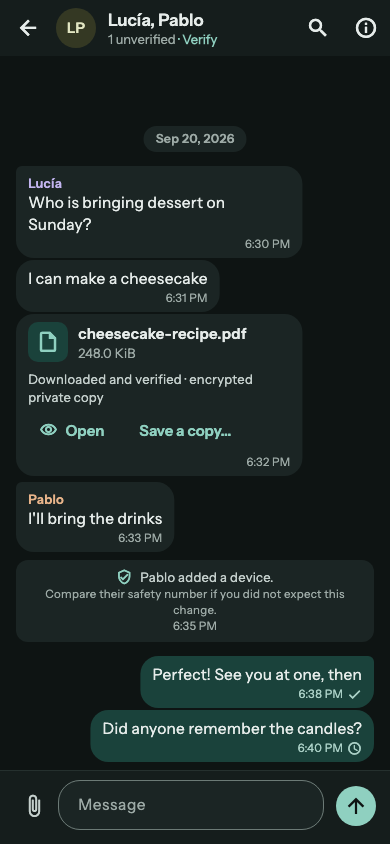 A group conversation on a phone, dark theme