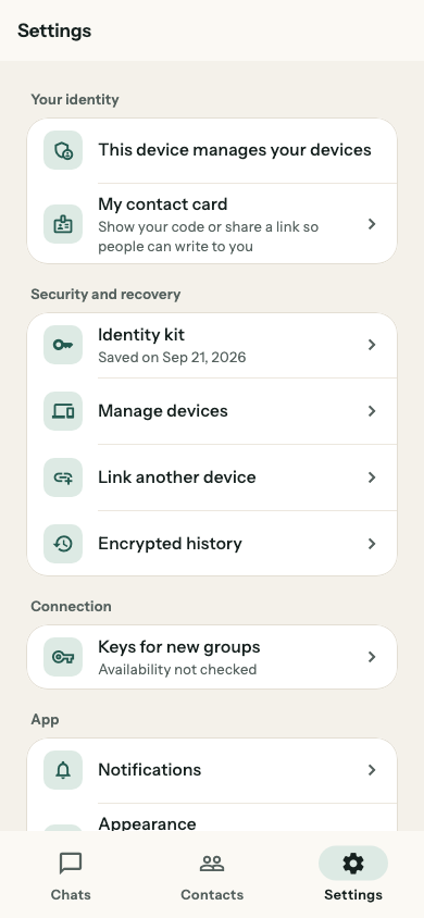 Settings in sections on a phone
