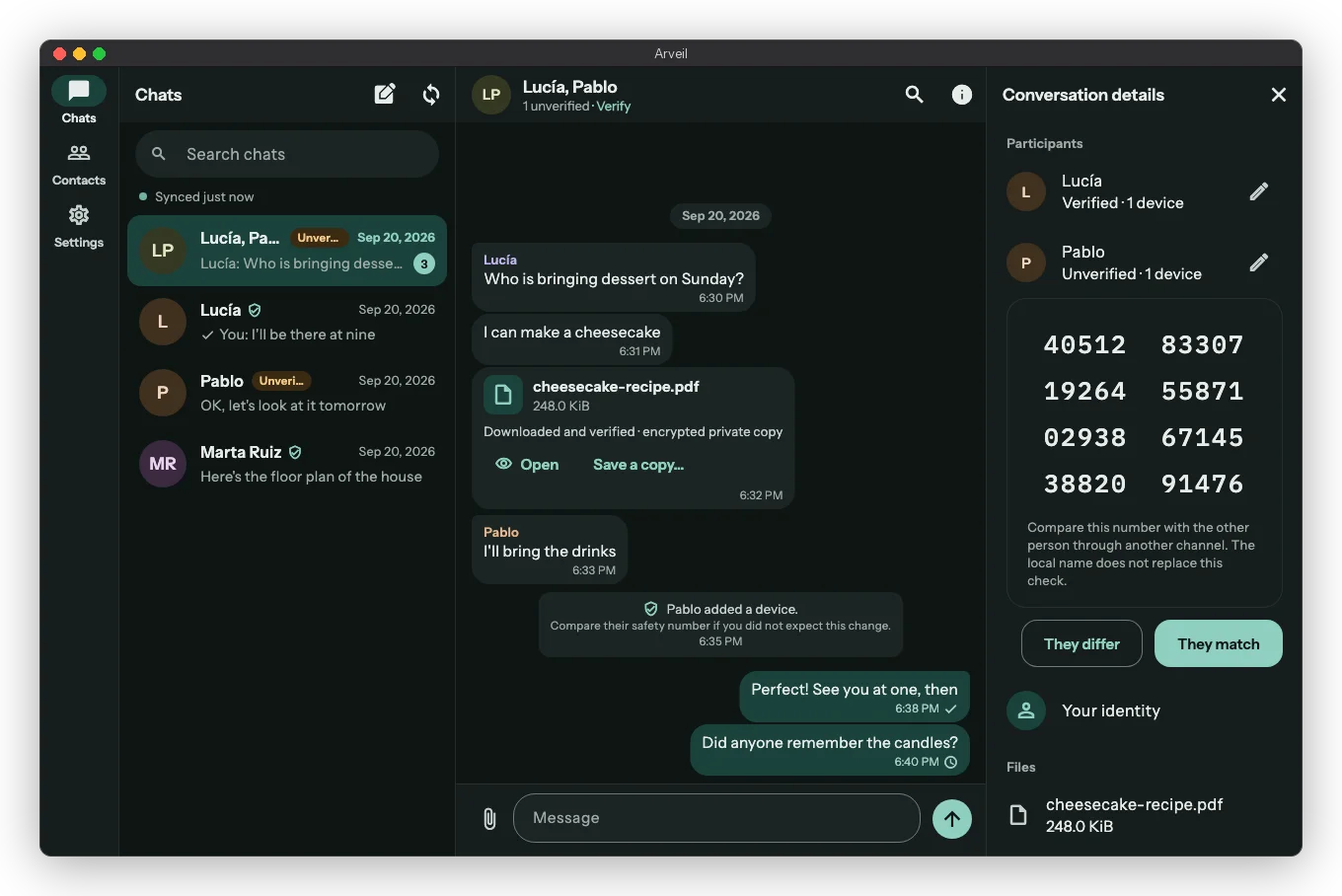 Arveil on macOS: a group chat with a shared PDF, and the panel for comparing safety numbers with another participant.