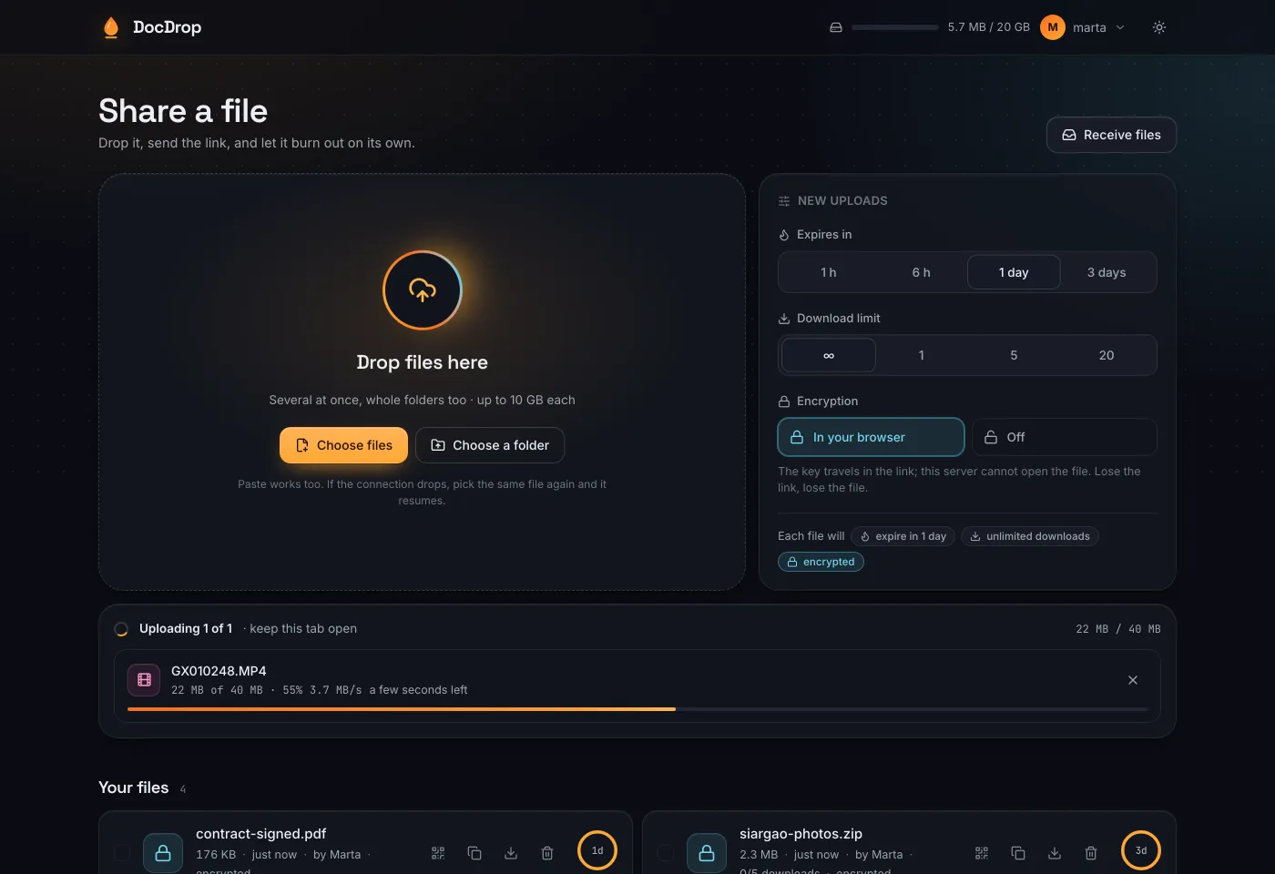 DocDrop upload screen: a drop zone, options for expiry, download limit and in-browser encryption, and a 40 MB upload in progress.