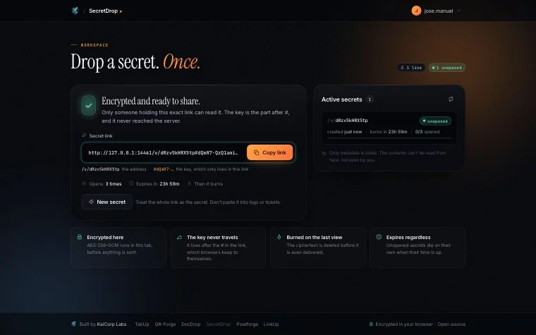 SecretDrop after creating a secret: the one-time link with its key after the #, the remaining views and expiry, and a list of active secrets showing only metadata.